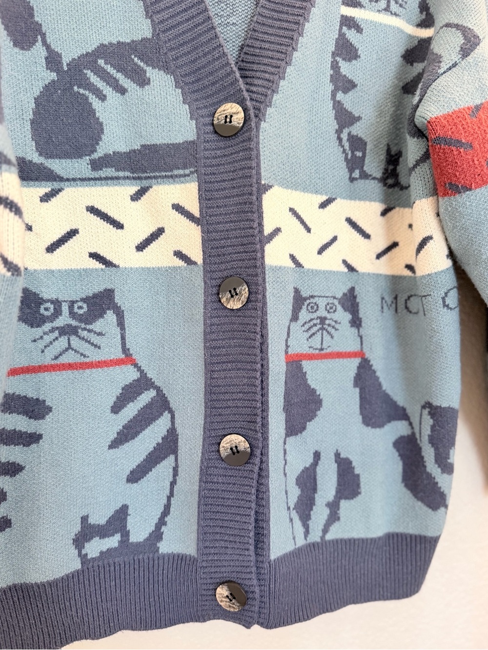 Alicedudu Balmy Cat Oversized Cardigan Sweater Size L Blue Cat Print Colorblock - Picture 5 of 8